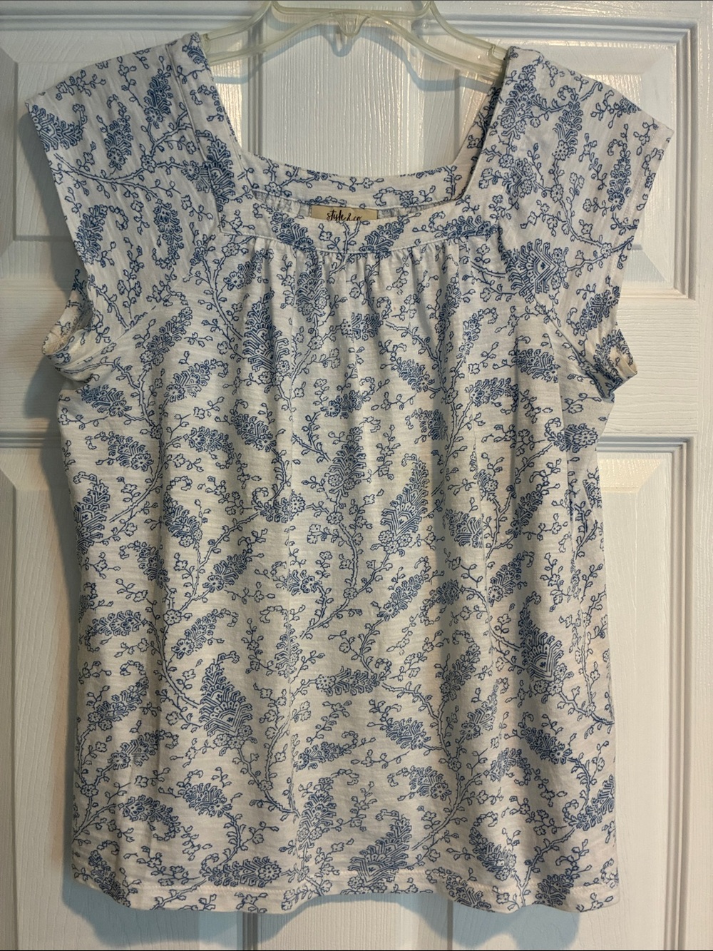 Style & Co Blue and White Floral Top with Square Boat Neckline, Size XS